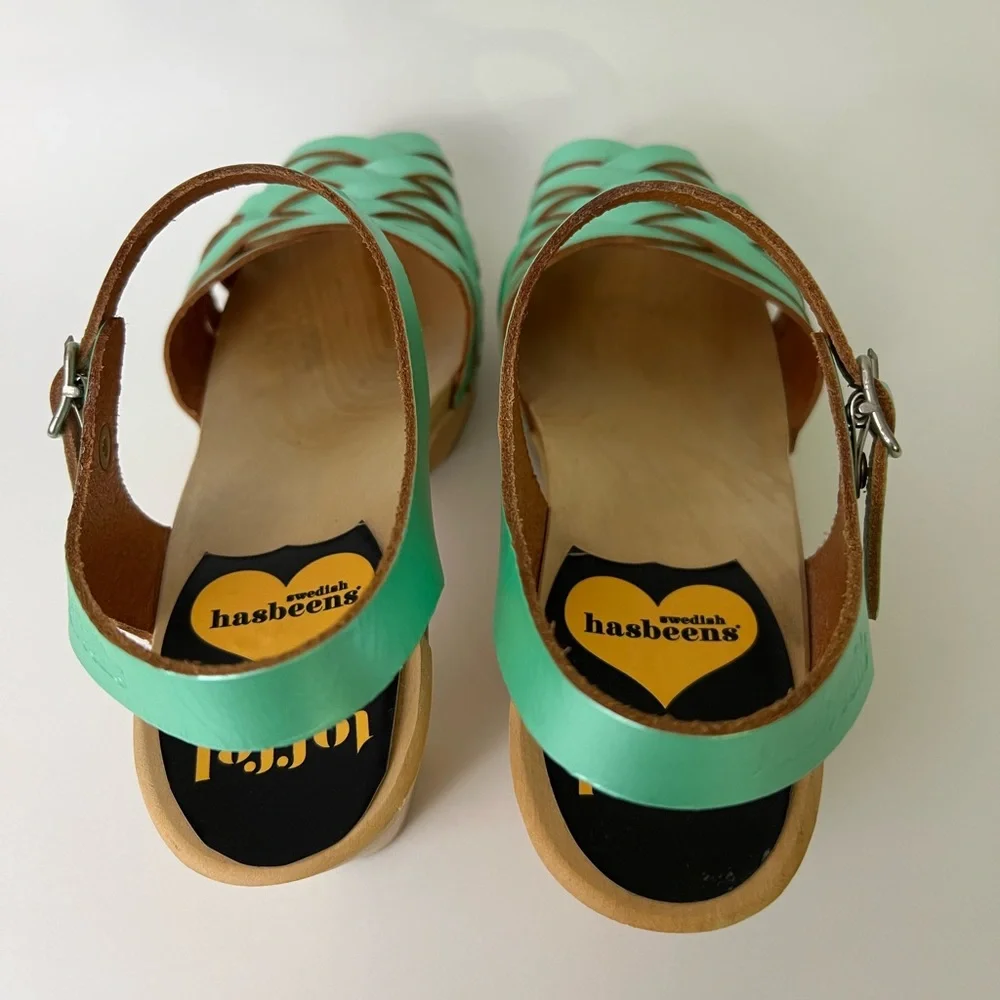 Swedish Hasbeens Mint Green Leather Platform Sandals